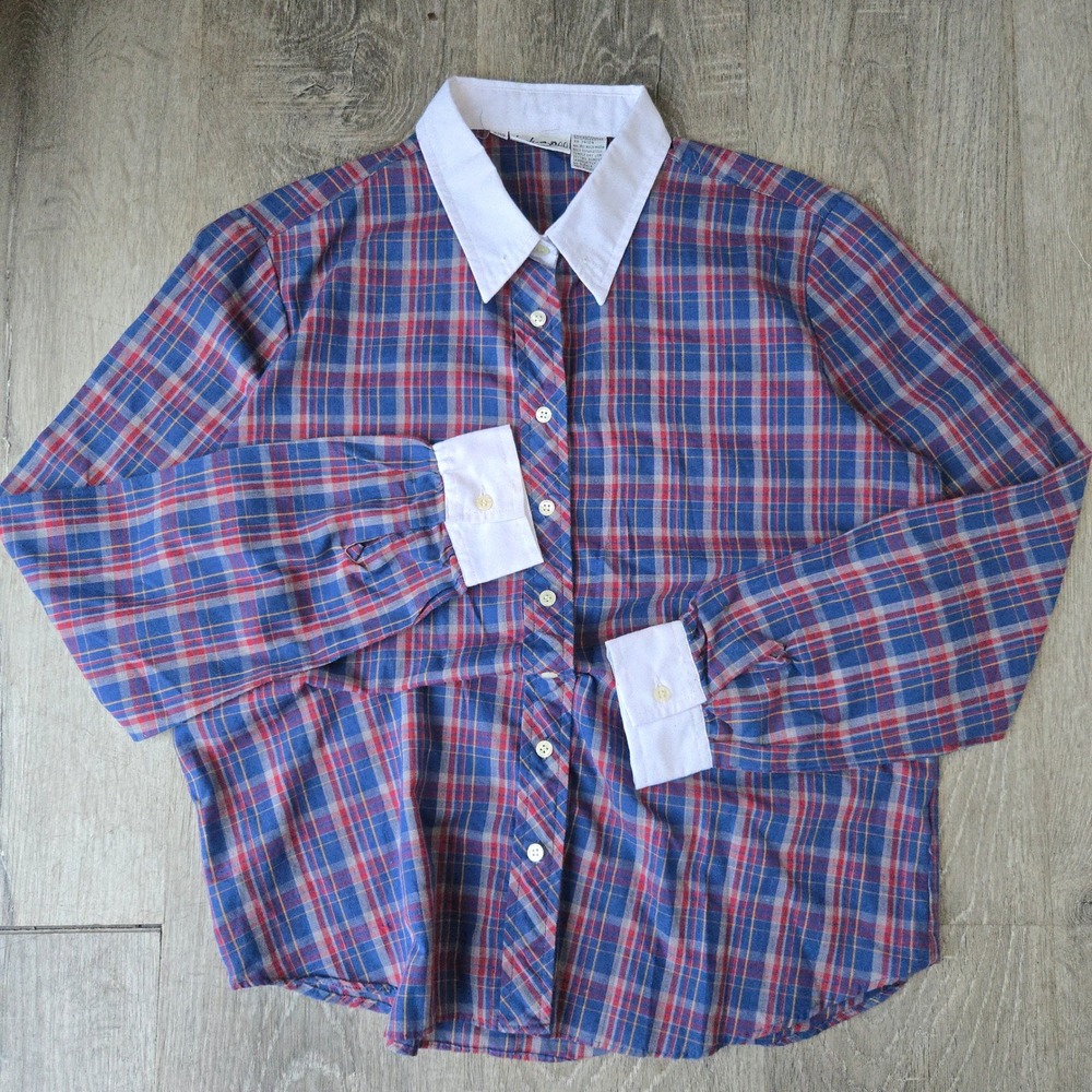 VTG Huk-A-Poo Women 9/10 Plaid Shirt Button Down Retro Top Blue Red White Collar